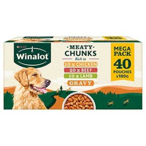 Winalot Adult Wet Dog Food Meaty Chunks in Gravy Mega Pack, 40 pouches of chicken, beef, and lamb flavors.