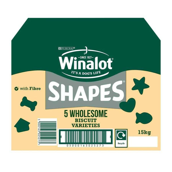 Winalot Shapes 15Kg Dog Biscuits packaging with 5 wholesome biscuit varieties.