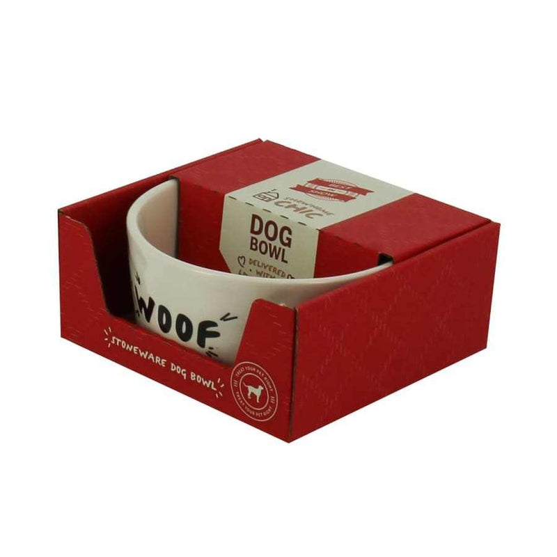 'Woof' Design Stoneware Dog Bowl in red packaging.