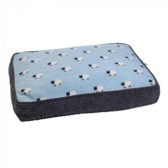 Zoon Counting Sheep Gusset Dog Mattress with sheep design, blue background, non-slip base.